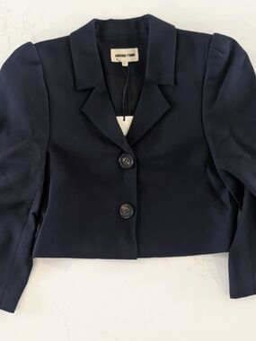 SHUSHU/TONG Cropped Puff Sleeve Blazer Navy Blue Jacket NWT Size 8 Designer